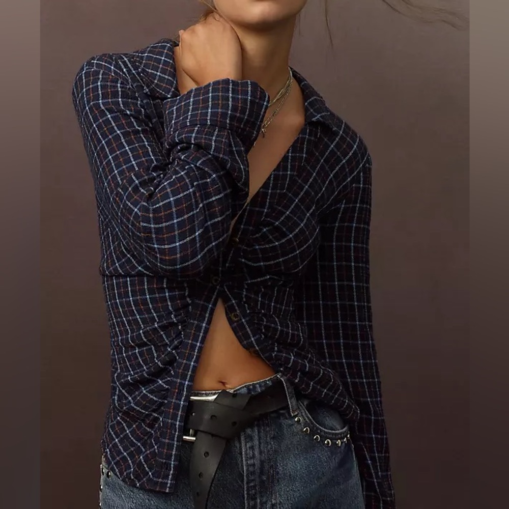 Anthropologie Pilcro Keaton Plaid Ruched Long Sleeve Collared Blouse Blue Sz S - Picture 15 of 15